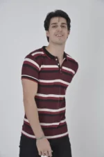 Erkek Yakalı Slim Fit Dokuma Çizgili T-Shirt - Bordo - Görsel 3