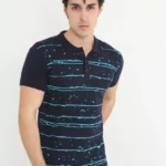 Erkek Yakalı Slim Fit Pike Çizgili T-Shirt - Lacivert