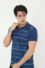 Erkek Yakalı Slim Fit Pike Çizgili T-Shirt - Mavi - Görsel 4