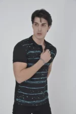 Erkek Yakalı Slim Fit Pike Çizgili T-Shirt - Siyah - Görsel 2