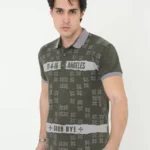 Erkek Yakalı Slim Fit Baskılı T-Shirt - Haki