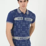 Erkek Yakalı Slim Fit Baskılı T-Shirt - Mavi