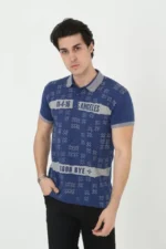 Erkek Yakalı Slim Fit Baskılı T-Shirt - Mavi - Görsel 3