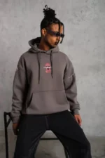 Erkek Maske Baskılı Kapüşonlu Sweat - Gri - Görsel 3