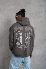 Erkek 98 Baskılı Kapşonlu Sweat - Gri - Görsel 3