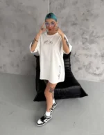 Unisex Baskılı Oversize T-Shirt - Beyaz - Görsel 2