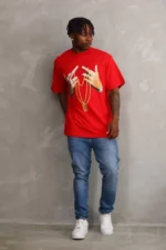 Unisex Baskılı Oversize T-Shirt - Kırmızı - Görsel 4