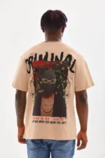 Unisex Baskılı Oversize T-Shirt - Bej - Görsel 2