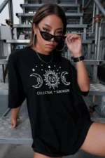 Unisex Baskılı Oversize T-Shirt - Siyah - Görsel 3