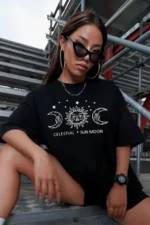 Unisex Baskılı Oversize T-Shirt - Siyah - Görsel 4