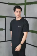 Unisex Bisiklet Yaka Baskılı Oversize T-Shirt - Siyah - Görsel 2