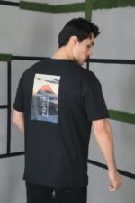 Unisex Bisiklet Yaka Baskılı Oversize T-Shirt - Siyah - Görsel 3