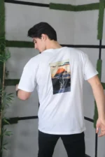 Unisex Bisiklet Yaka Baskılı Oversize T-Shirt - Beyaz - Görsel 3