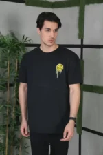 Unisex Bisiklet Yaka Baskılı Oversize T-Shirt - Siyah - Görsel 2