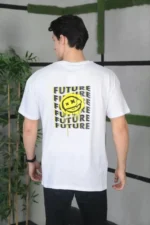 Unisex Bisiklet Yaka Baskılı Oversize T-Shirt - Beyaz - Görsel 4