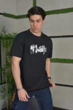 Unisex Bisiklet Yaka Baskılı Oversize T-Shirt - Siyah - Görsel 2