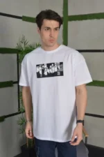 Unisex Bisiklet Yaka Baskılı Oversize T-Shirt - Beyaz - Görsel 3