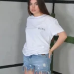 Unisex Bisiklet Yaka Baskılı Oversize T-Shirt- Beyaz