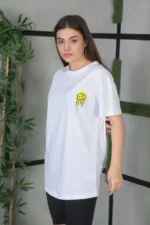 Unisex Bisiklet Yaka Baskılı Oversize T-Shirt - Beyaz - Görsel 2