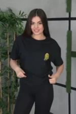 Unisex Bisiklet Yaka Baskılı Oversize T-Shirt - Siyah - Görsel 2