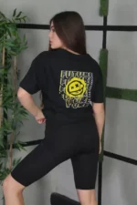 Unisex Bisiklet Yaka Baskılı Oversize T-Shirt - Siyah - Görsel 3