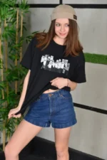 Unisex Bisiklet Yaka Baskılı Oversize T-Shirt - Siyah - Görsel 3