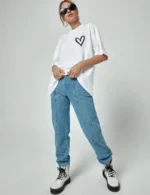 Bisiklet Yaka Baskılı Oversize T-Shirt - Beyaz - Görsel 3