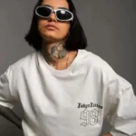 Unisex Bisiklet Yaka Baskılı Oversize T-Shirt - Beyaz