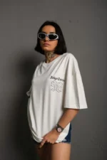 Unisex Bisiklet Yaka Baskılı Oversize T-Shirt - Beyaz - Görsel 2