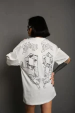 Unisex Bisiklet Yaka Baskılı Oversize T-Shirt - Beyaz - Görsel 3