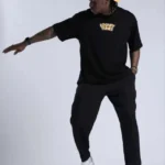 Unisex Bisiklet Yaka Baskılı Oversize T-Shirt - Siyah