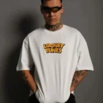 Unisex Bisiklet Yaka Baskılı Oversize T-Shirt - Beyaz