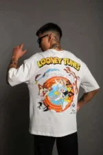 Unisex Bisiklet Yaka Baskılı Oversize T-Shirt - Beyaz - Görsel 2