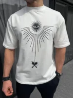 Unisex Bisiklet Yaka Baskılı Oversize T-Shirt - Beyaz - Görsel 2