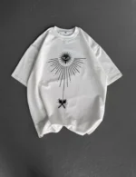 Unisex Bisiklet Yaka Baskılı Oversize T-Shirt - Beyaz - Görsel 3