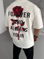 Unisex Bisiklet Yaka Baskılı Oversize T-Shirt - Beyaz - Görsel 2