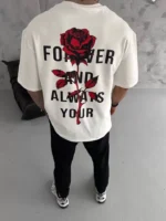 Unisex Bisiklet Yaka Baskılı Oversize T-Shirt - Beyaz - Görsel 3