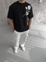 Unisex Bisiklet Yaka Baskılı Oversize T-Shirt - Siyah - Görsel 2