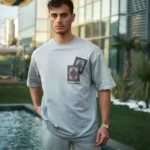 Unisex Bisiklet Yaka Baskılı Oversize T-Shirt - Boyalı Gri