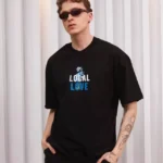 Unisex Bisiklet Yaka Baskılı Oversize T-Shirt - Siyah