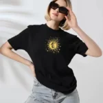 Unisex Bisiklet Yaka Baskılı T-Shirt - Siyah