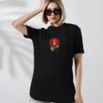 Unisex Bisiklet Yaka Baskılı T-Shirt - Siyah