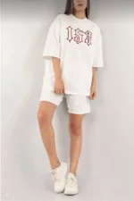 Unisex Nakış İşlemeli Şort Takım - Beyaz - Görsel 2