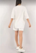 Unisex Nakış İşlemeli Şort Takım - Beyaz - Görsel 4