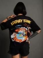 Unisex Bisiklet Yaka Baskılı Oversize T-Shirt - Siyah - Görsel 2