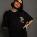 Unisex Bisiklet Yaka Baskılı Oversize T-Shirt - Siyah
