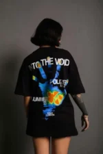 Unisex Bisiklet Yaka Baskılı Oversize T-Shirt - Siyah - Görsel 2