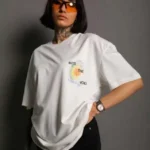 Unisex Bisiklet Yaka Baskılı Oversize T-Shirt - Beyaz