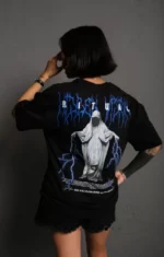 Unisex Bisiklet Yaka Baskılı Oversize T-Shirt - Siyah - Görsel 2