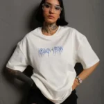 Unisex Bisiklet Yaka Baskılı Oversize T-Shirt - Beyaz